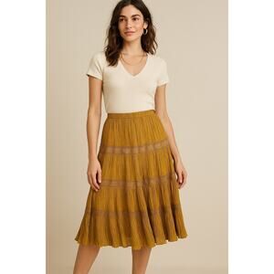 Vintage Cottagecore Crinkle Lace Tiered Midi Skirt Mustard Yellow Size Small